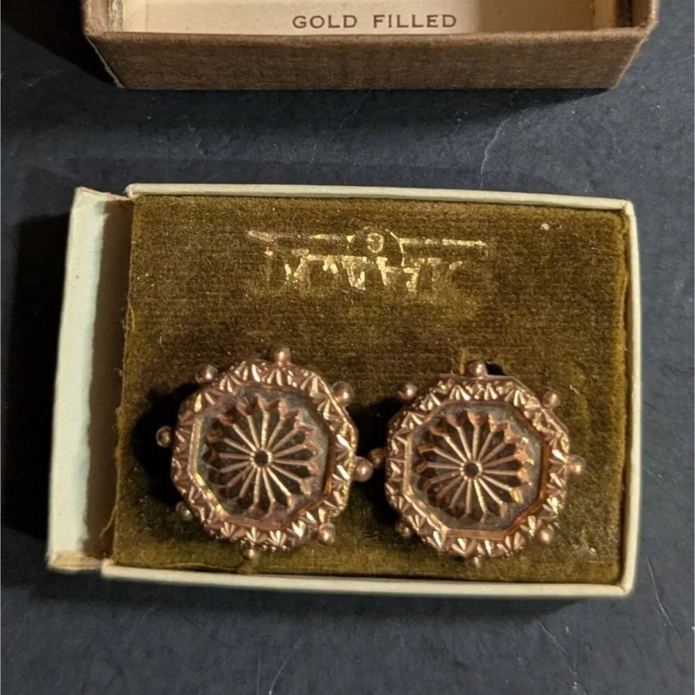 Cufflinks Gold-Filled In‎ Box  Ornate Design Retro Bling